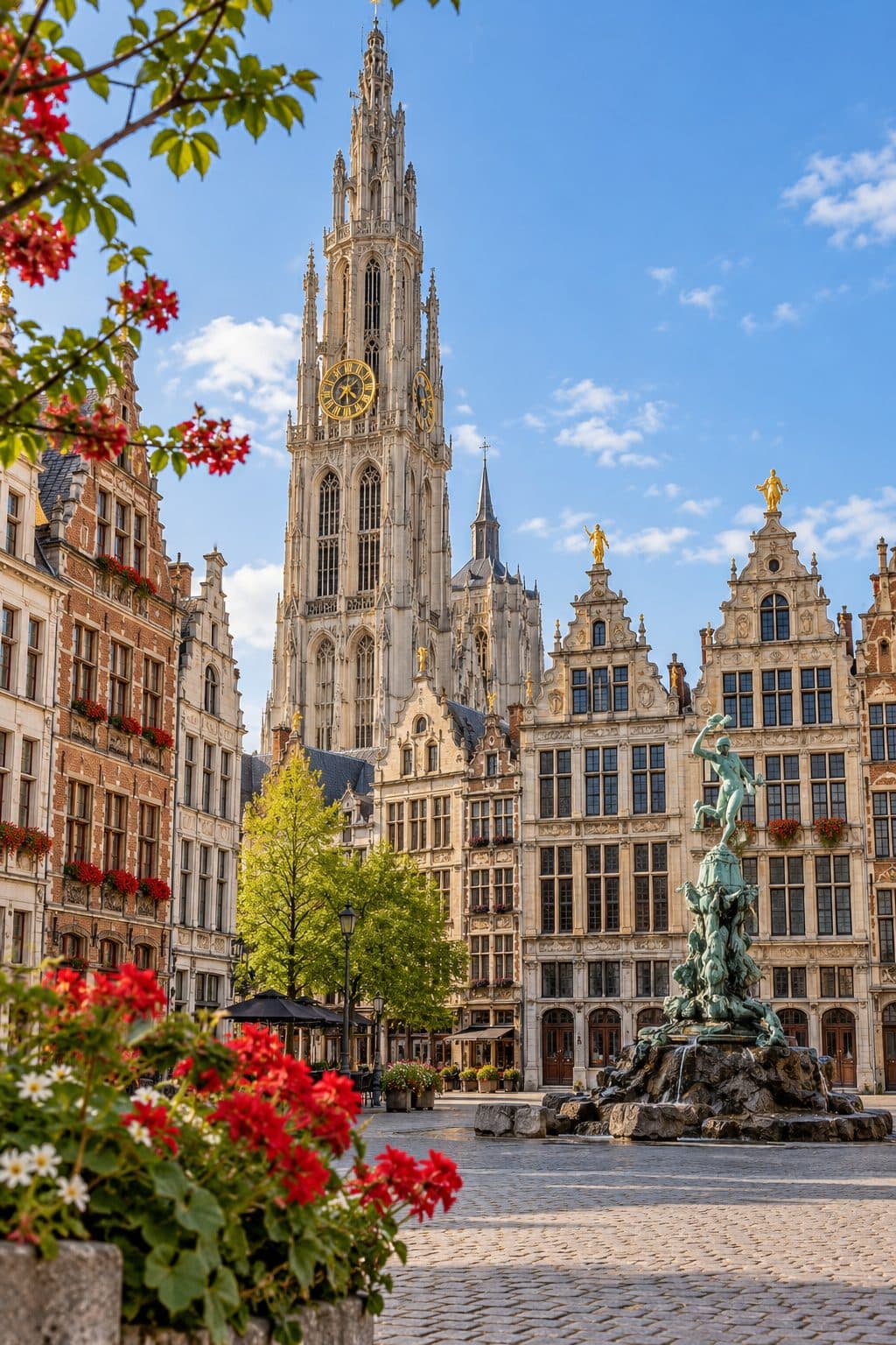 Antwerp Grote Markt with the Brabo fountain and the Cathedral of Our Lady