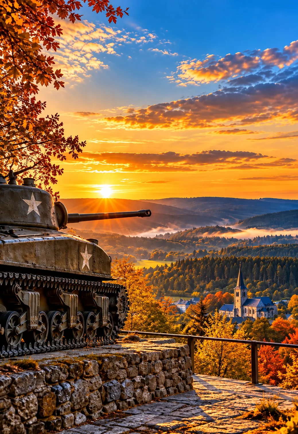 Bastogne and the Ardennes private day tour: WWII Sherman tank at sunset over the Ardennes