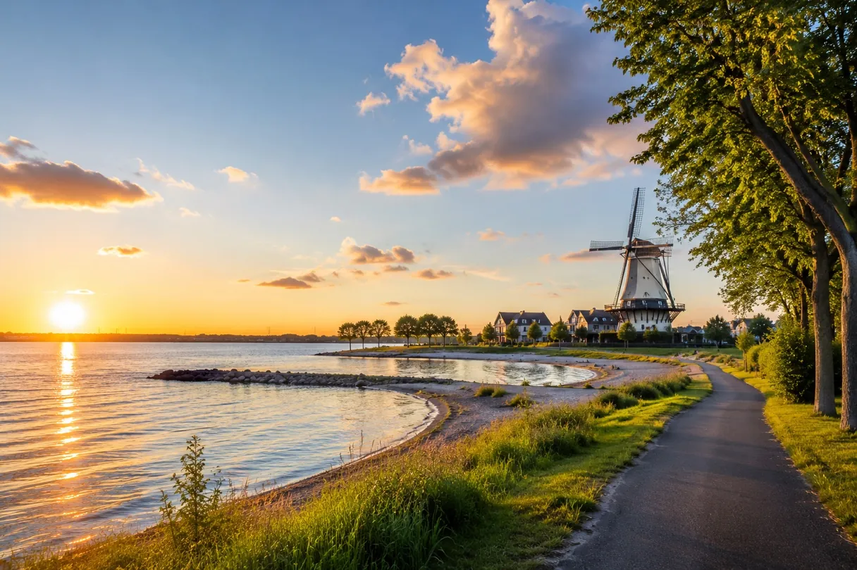 Windmill by the water at sunset in Belgium